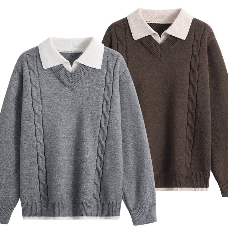 Women's Oversize Pullover with V-Neck, Contrasting Polo Collar & Cable Knit Details Mune Fashion
