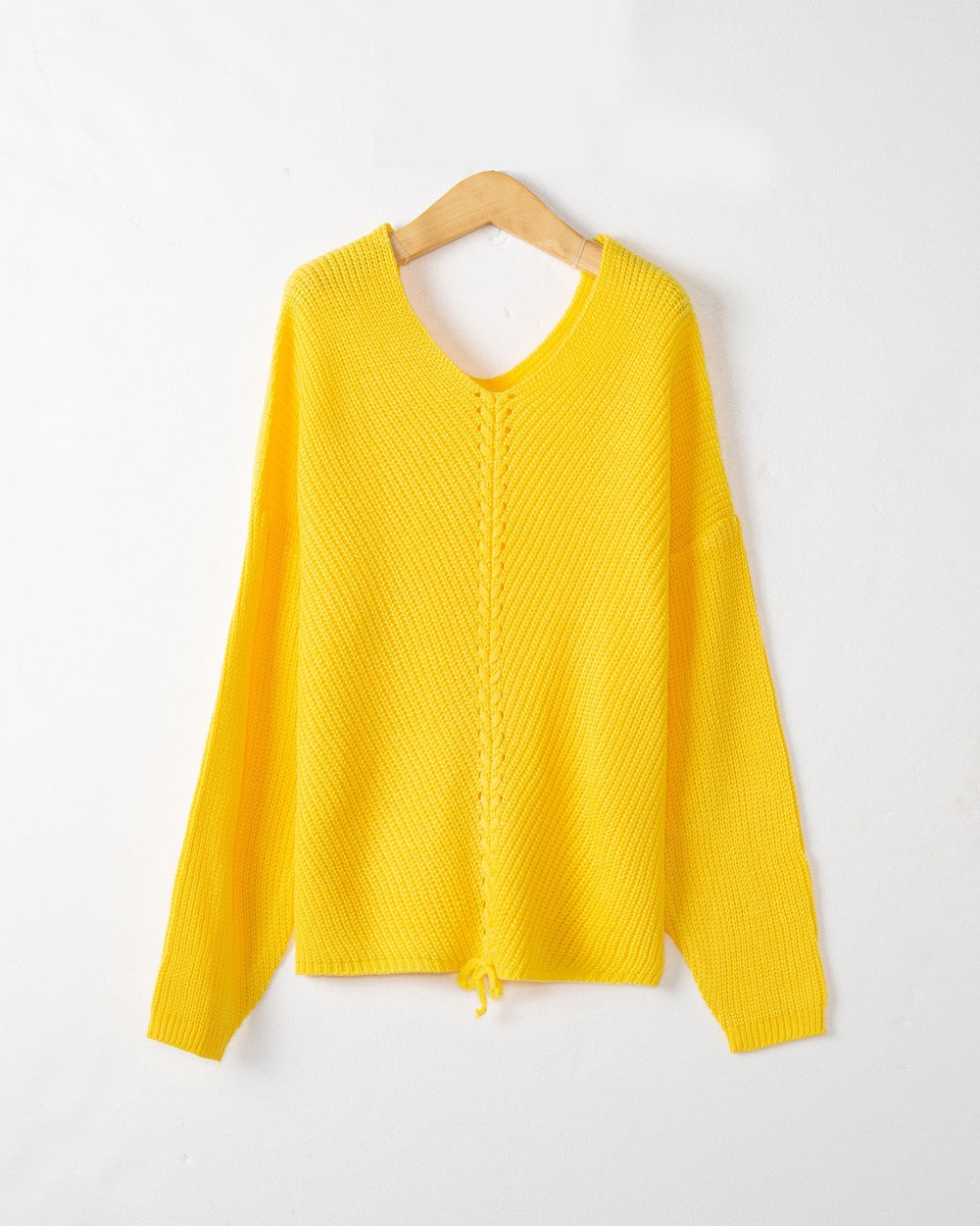 Women's knit sweater with cable center seam, V-neck and drawstring Mune Fashion