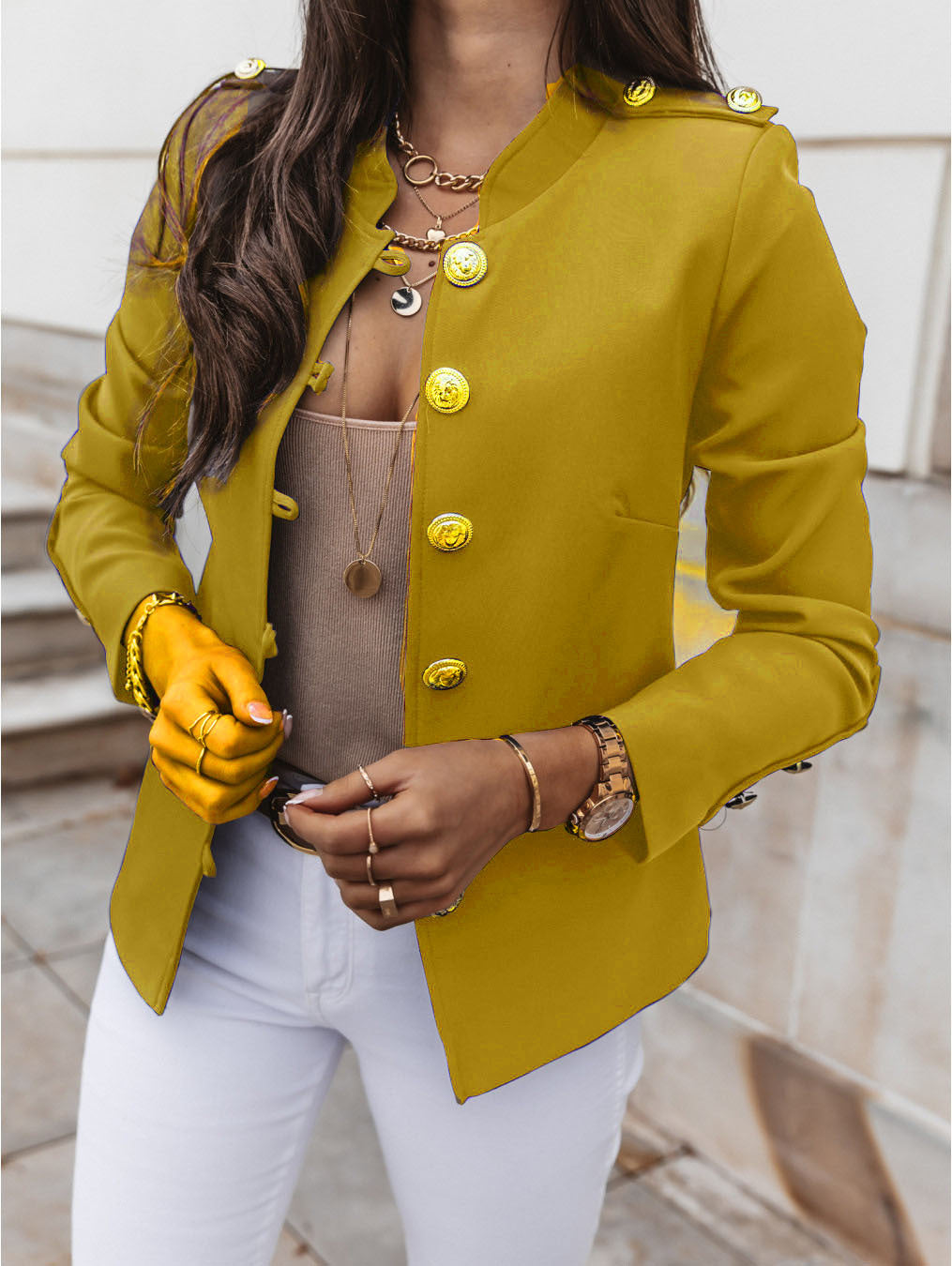 Women's military blazer with stand-up collar and decorative gold buttons Mune Fashion