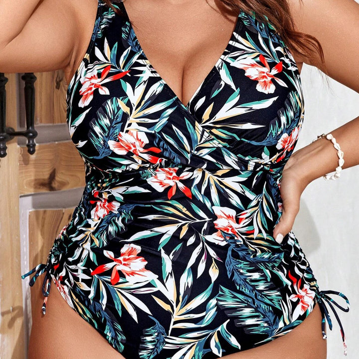 Womens One-Piece Swimsuit with Floral Wrap Design and Figure-Shaping Gatherings Mune Fashion