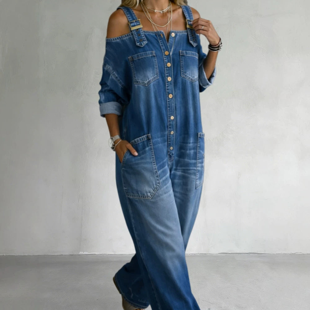 Women's Stylish Denim Overall with Off-Shoulder Design