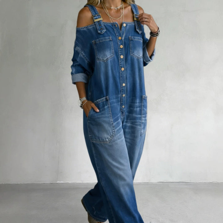 Women's Stylish Denim Overall with Off-Shoulder Design