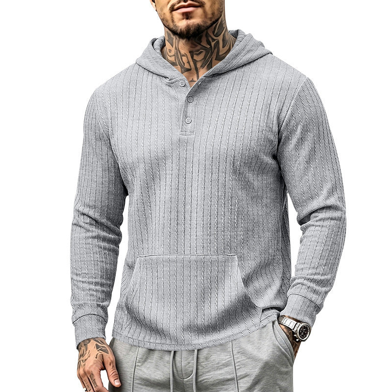 Men's Structured Hooded Henley Sweater with Kangaroo Pocket and Cable Knit Mune Fashion