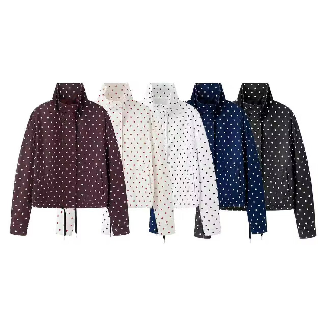 Women's Short Dotted Rain Jacket with Stand-Up Collar and Drawstring Mune Fashion