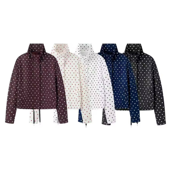 Women's Short Dotted Rain Jacket with Stand-Up Collar and Drawstring Mune Fashion