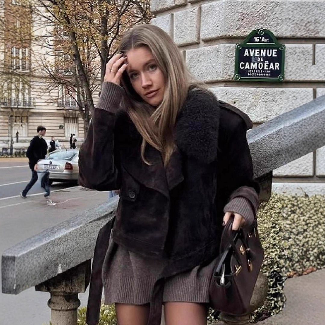 Women's Cropped Motorcycle Jacket in Suede Look with Voluminous Teddy Collar Mune Fashion