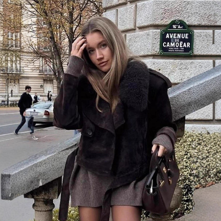 Women's Cropped Motorcycle Jacket in Suede Look with Voluminous Teddy Collar Mune Fashion