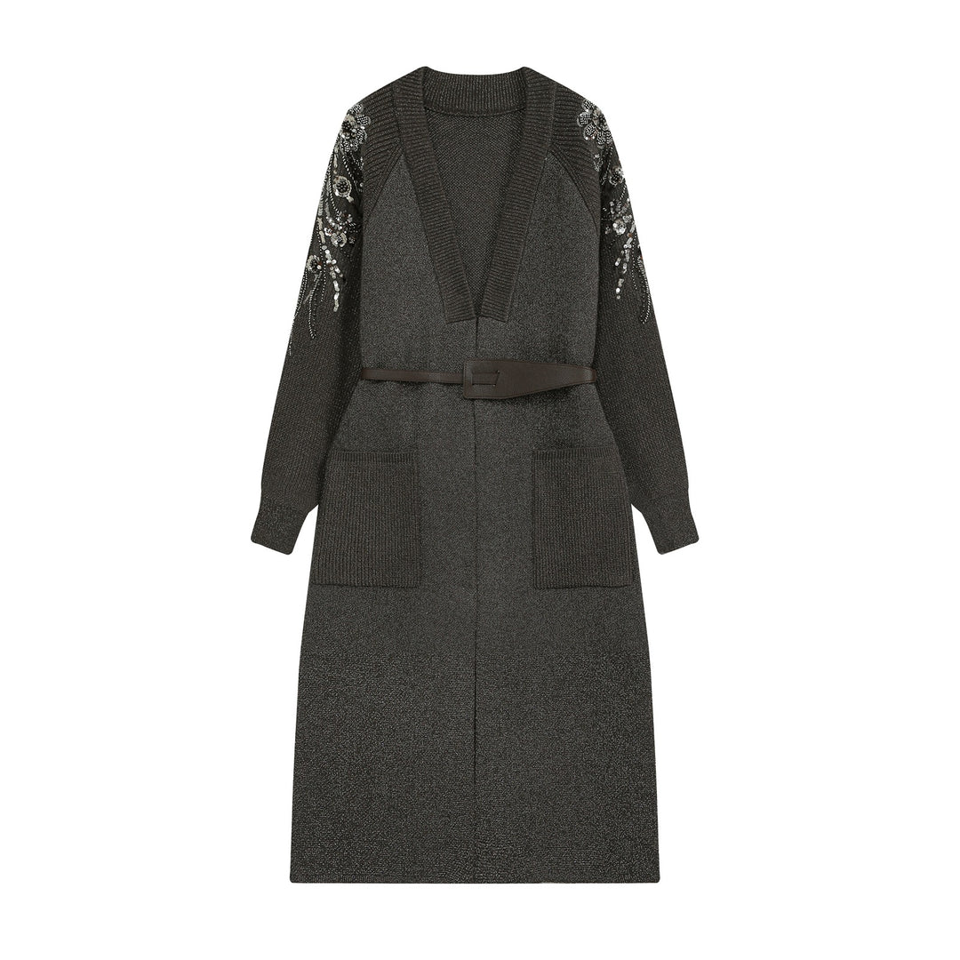 Ladies Long Cardigan with Belt, Deep V-Neck and Embroidered Sequin Sleeves Mune Fashion