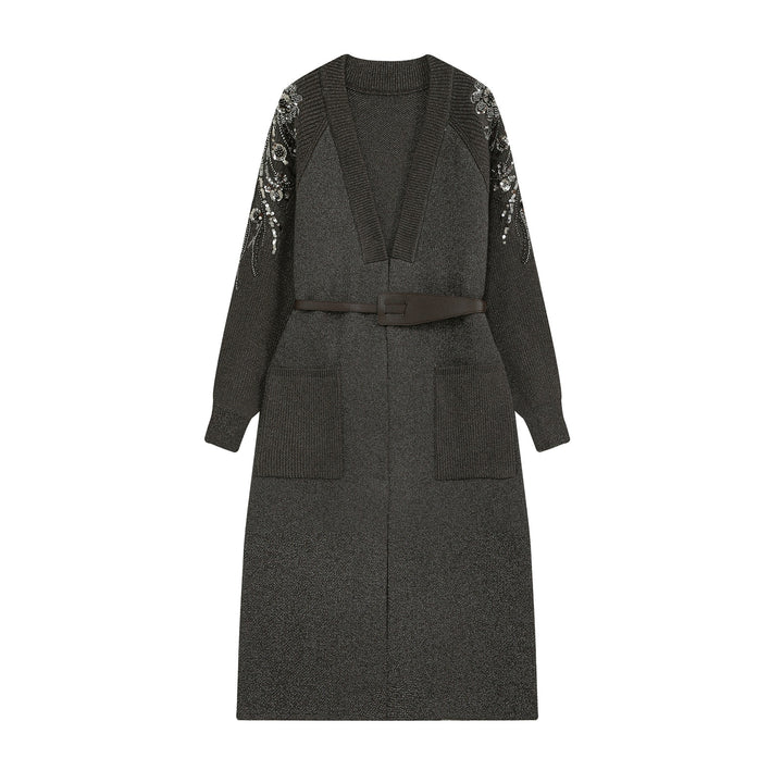 Ladies Long Cardigan with Belt, Deep V-Neck and Embroidered Sequin Sleeves Mune Fashion