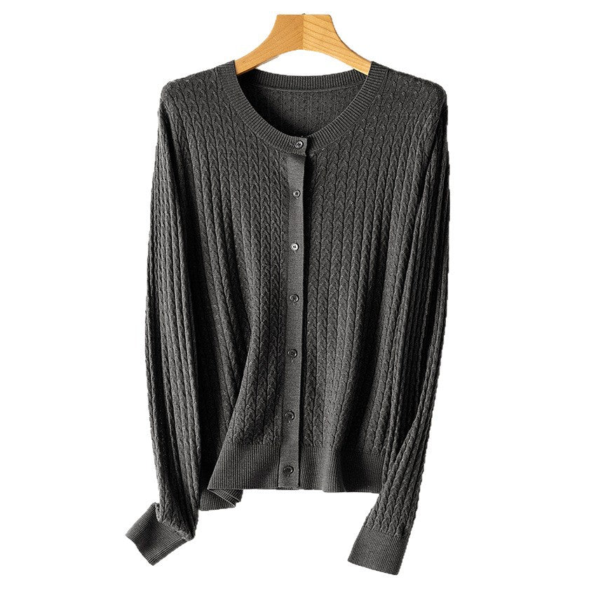 Women's fine knit cardigan with cable pattern, round neckline and button placket Mune Fashion
