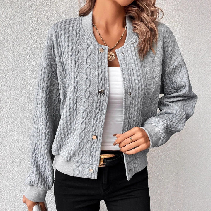 Women's Structured Knit Bomber Jacket with Cable Pattern and Snap Buttons Drune