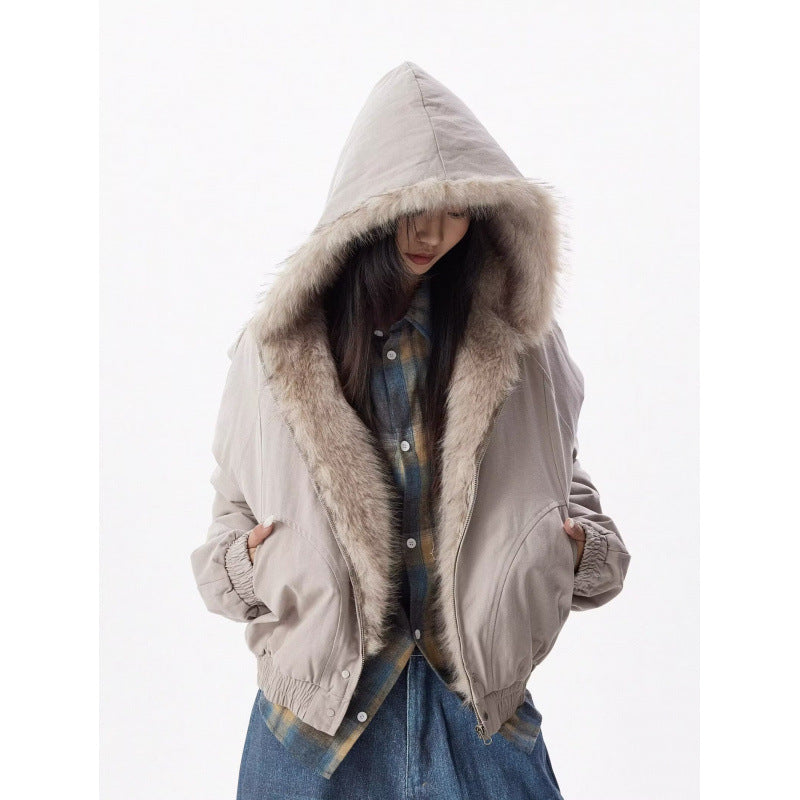 Women Short Cut Quilted Bomber Jacket with Hood and Faux Fur Collar Mune Fashion