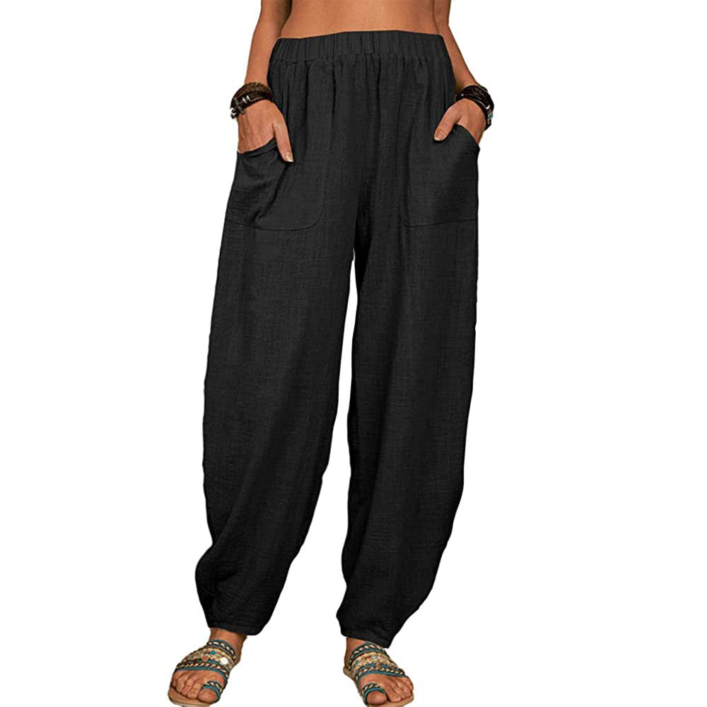 Women's relaxed linen pants with wide leg, elastic waistband and large patch pockets Mune Fashion