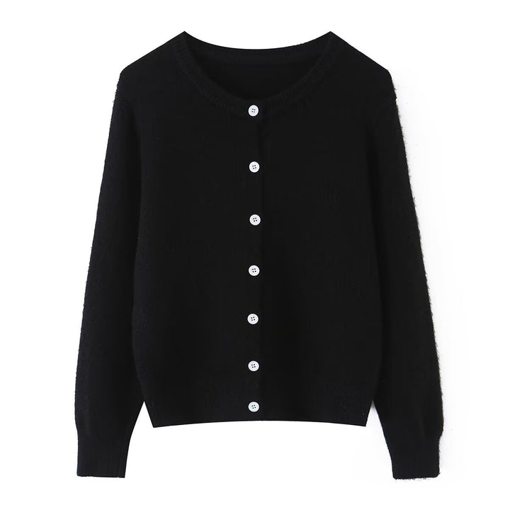Women's lightweight fine knit cardigan with round neck, ribbed cuffs, and pearl buttons Mune Fashion