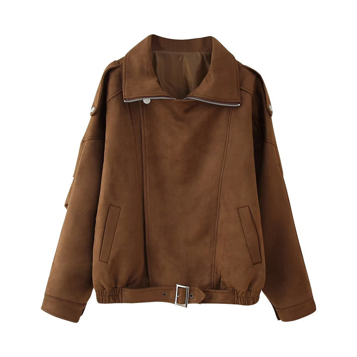 Women's short jacket in biker blouson style with belt and asymmetrical flap Mune Fashion