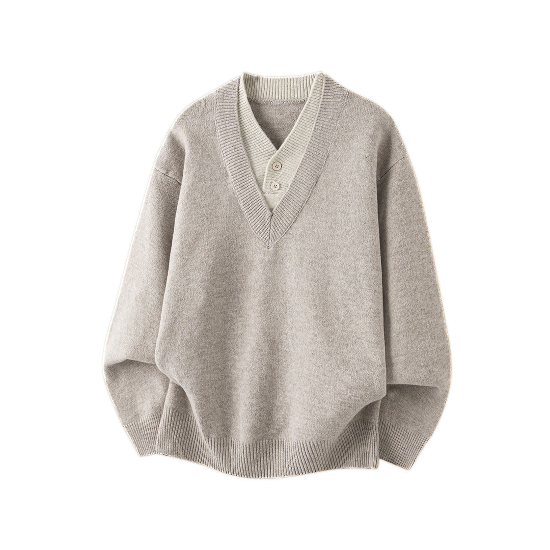 Women Oversize Knit Sweater with Deep V-Neck and Set-In Henley Placket Mune Fashion