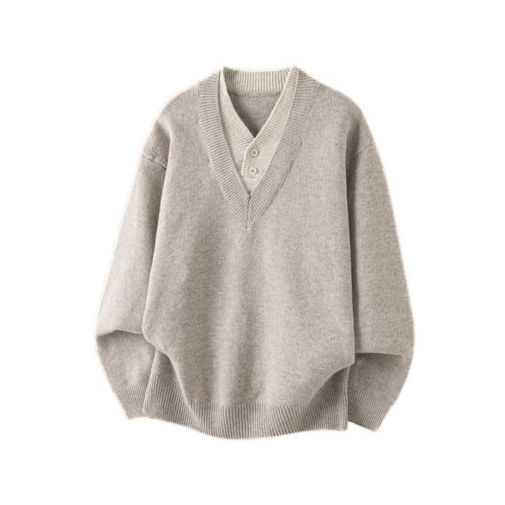 Women Oversize Knit Sweater with Deep V-Neck and Set-In Henley Placket Mune Fashion