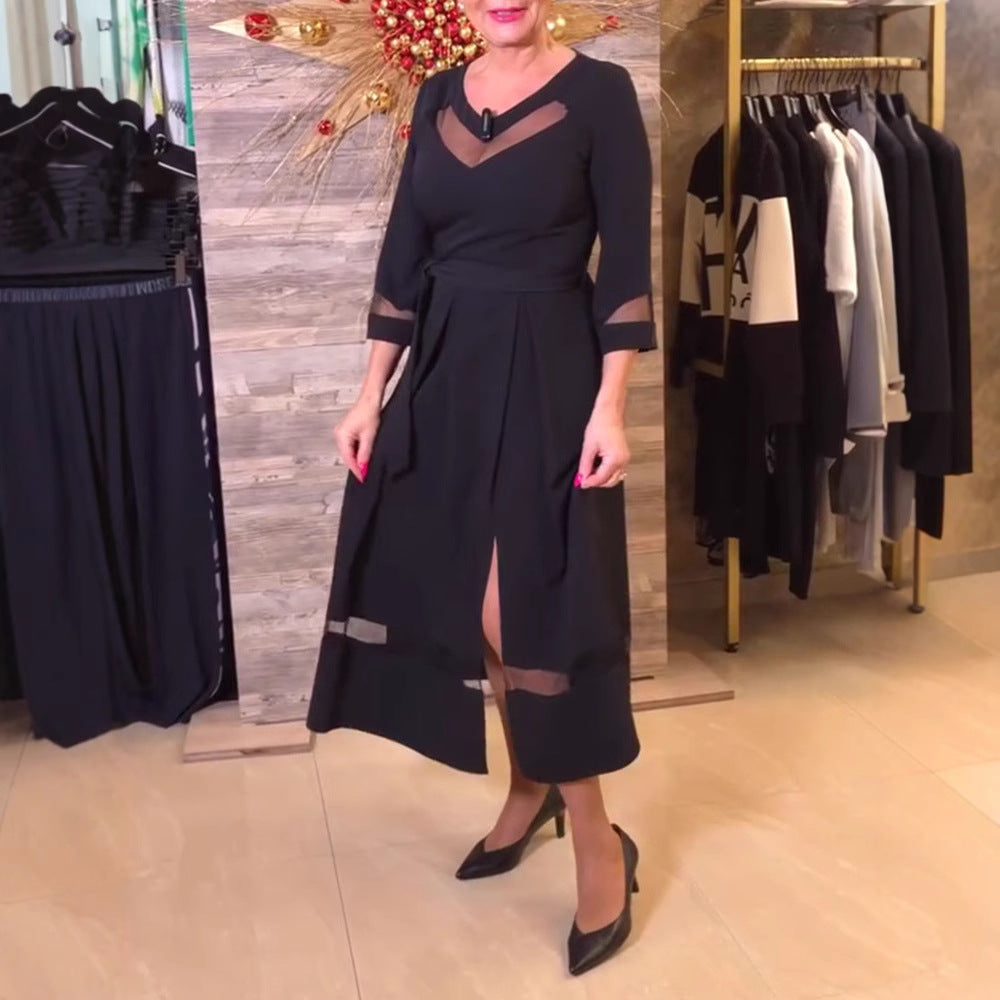 Women's fitted midi dress with transparent mesh inserts, tie belt and feminine A-line Mune Fashion