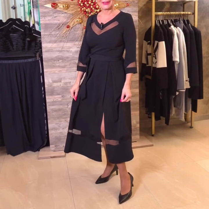 Women's fitted midi dress with transparent mesh inserts, tie belt and feminine A-line Mune Fashion