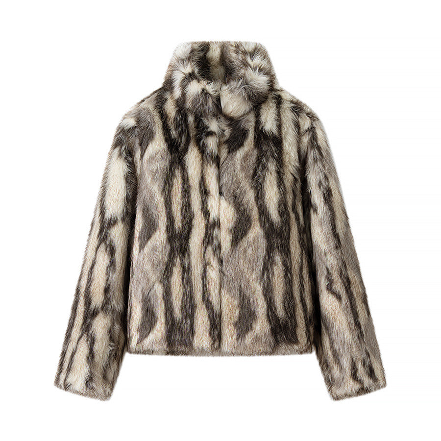 Women's Short Cut Faux Fur Bomber Jacket with Stand Collar and Tailored Fit Mune Fashion