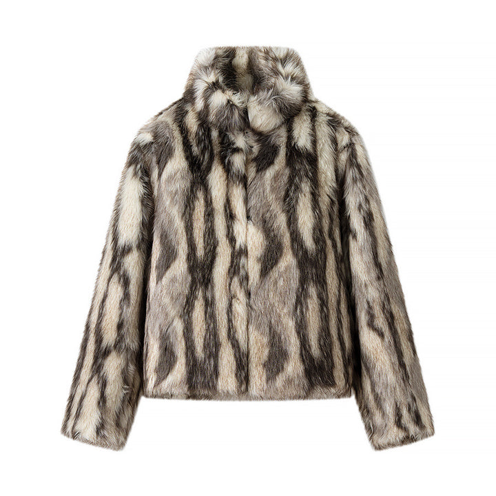 Women's Short Cut Faux Fur Bomber Jacket with Stand Collar and Tailored Fit Mune Fashion