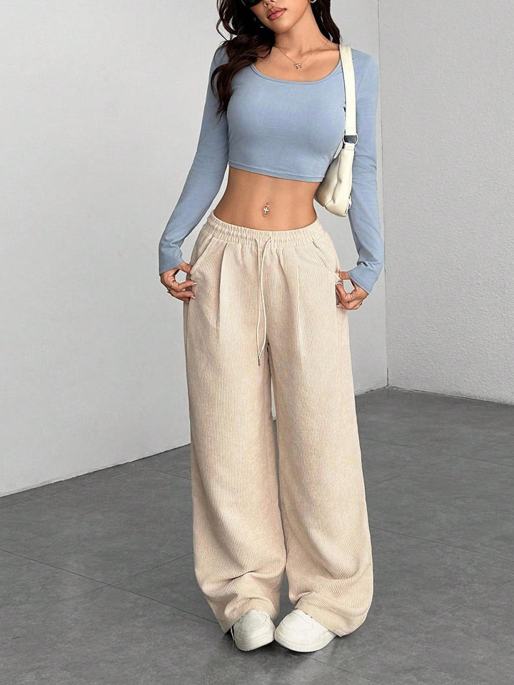 Ladies cord pants with wide leg, elastic waistband and drawstring Mune Fashion