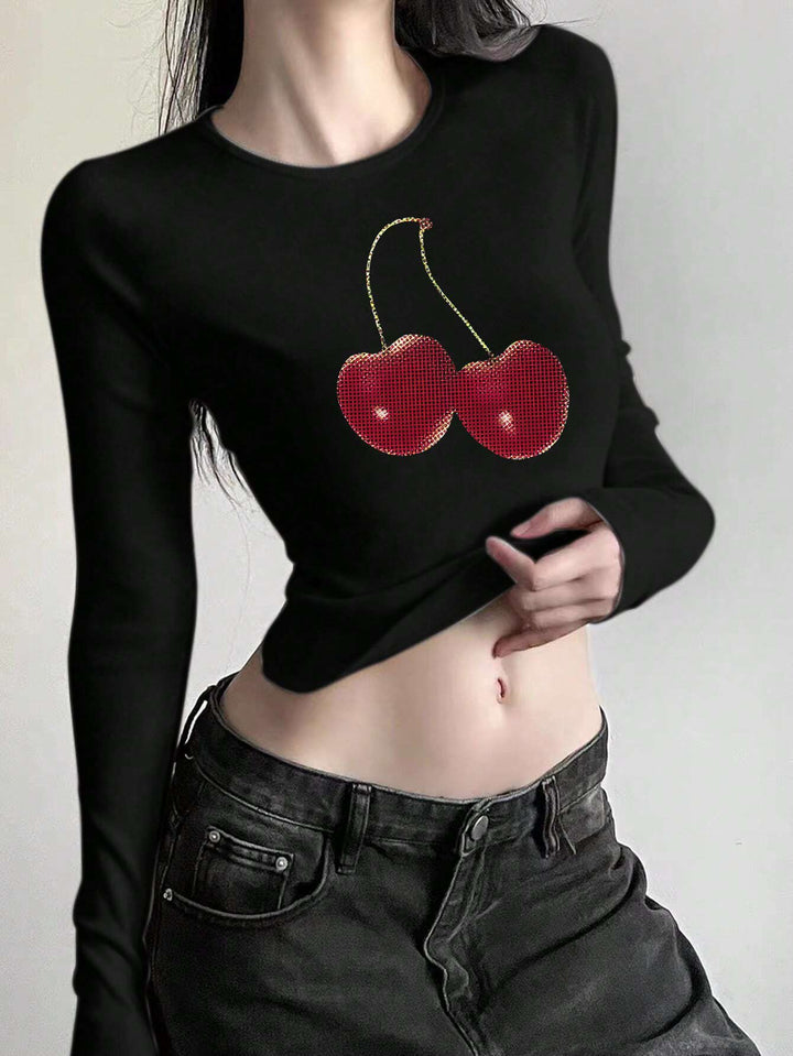 Ladies' figure-hugging long sleeve shirt with cute goose print, round neckline, and lightweight stretch Mune Fashion