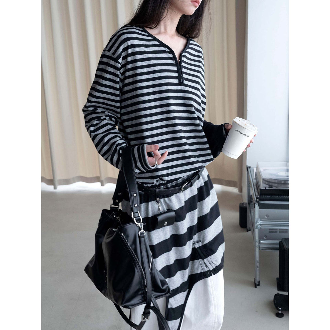 Women Oversized Stripe Henley Shirt with Button Placket and Drop Shoulder Mune Fashion