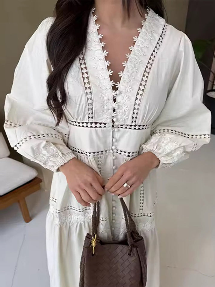 Women's maxi dress in boho style with lace inserts, button placket, and balloon sleeves Mune Fashion