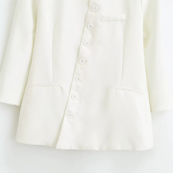Ladies Tailored Blazer Jacket with Stand-Up Collar, Asymmetrical Button Placket and Insert Pockets Mune Fashion