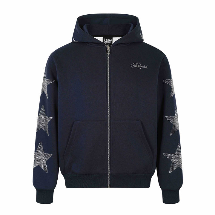 Women's hooded jacket with rhinestone star appliqués and full-length zipper Mune Fashion