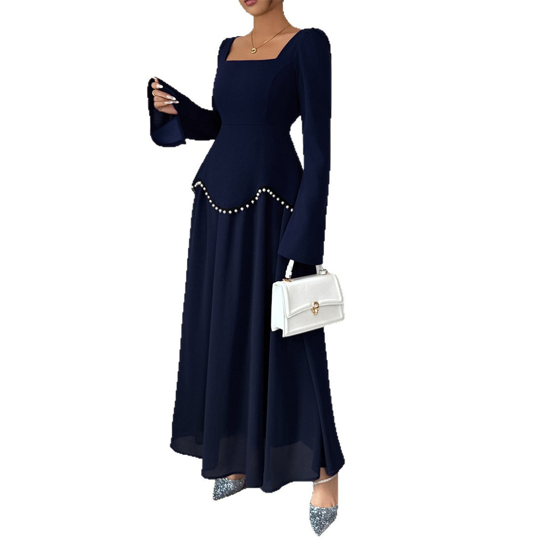 Ladies' elegant maxi dress with square neckline, fitted peplum yoke, and pearl trim Mune Fashion