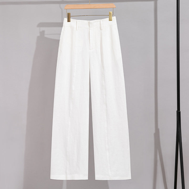 Women High-waisted Linen Trousers with Wide Leg, Crease and Belt Loops Mune Fashion