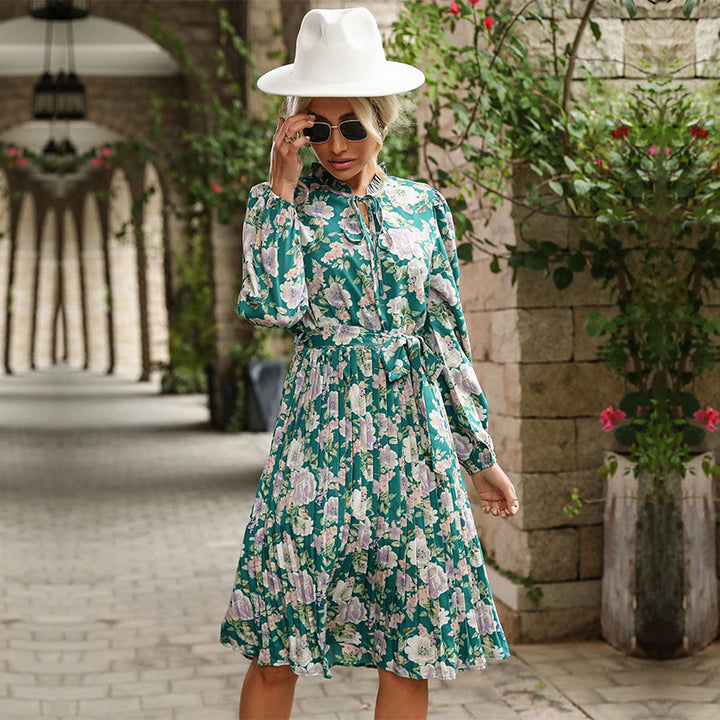 Women's Pleated Midi Dress with Stand Collar Bow, Puff Sleeves, and Removable Pearl Belt Mune Fashion