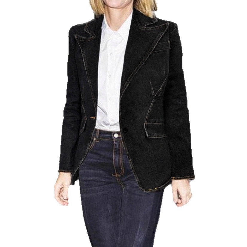 Women's tailored denim blazer jacket with lapel collar and contrasting stitching Mune Fashion