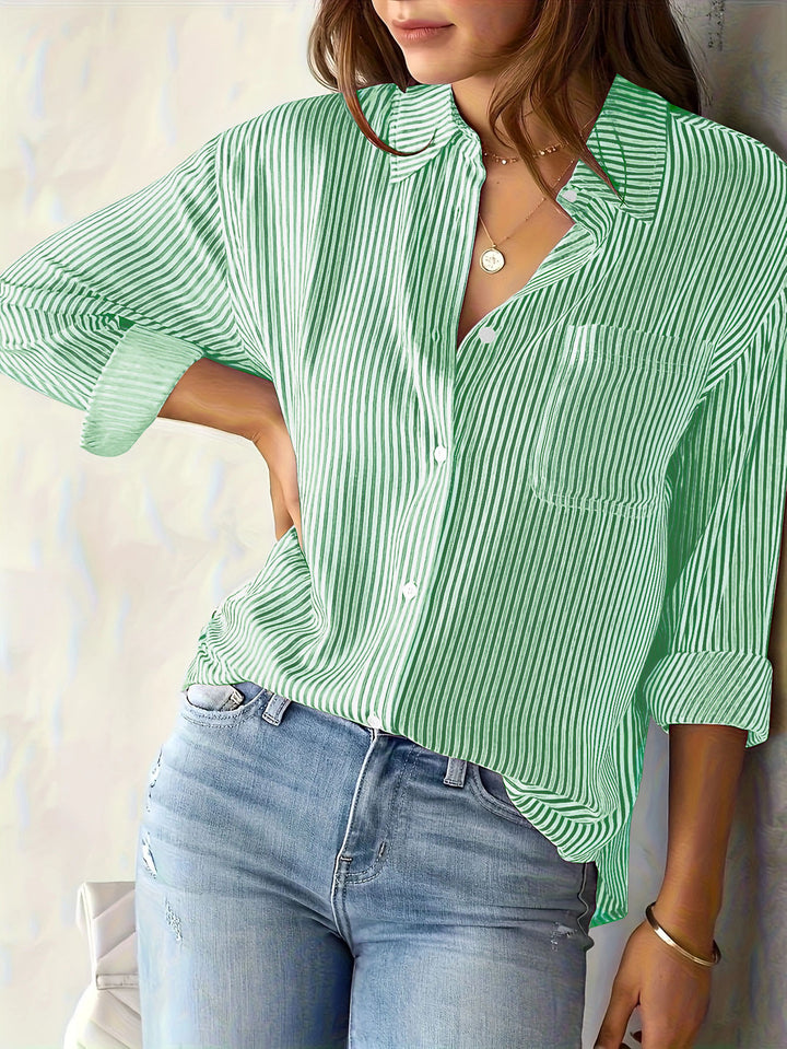 Women's Lightweight Oversized Shirt Blouse with Vertical Stripes, Kent Collar and Three-Quarter Sleeves Mune Fashion