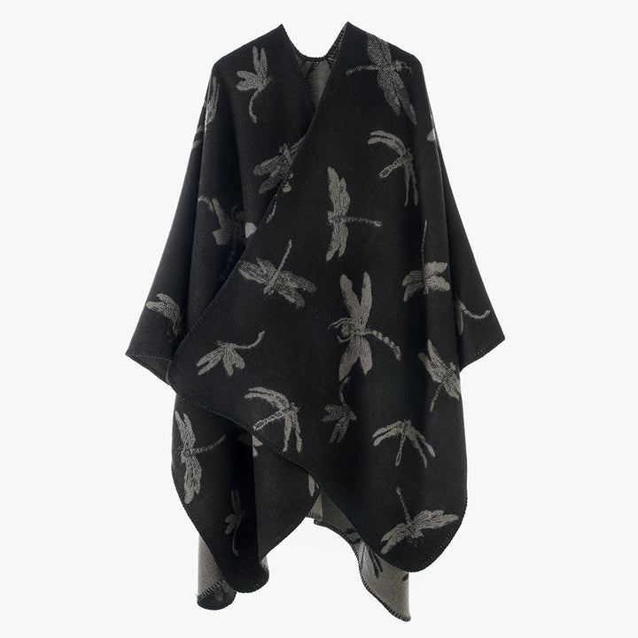 Women's Wool Blend Poncho with Dragonfly Jacquard and Open Waterfall Cut Mune Fashion