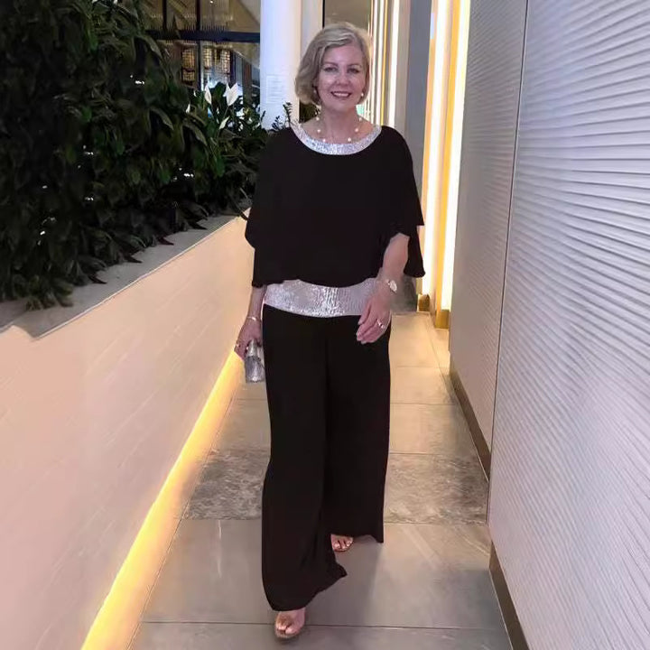 Women's Elegant Evening Two-Piece with Chiffon Cape and Palazzo Pants Mune Fashion