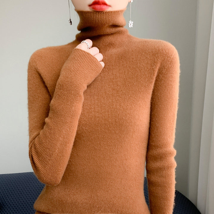 Women's Slim Roll Neck Sweater made of Cashmere Mix with Extra Long Sleeve Cuffs Mune Fashion