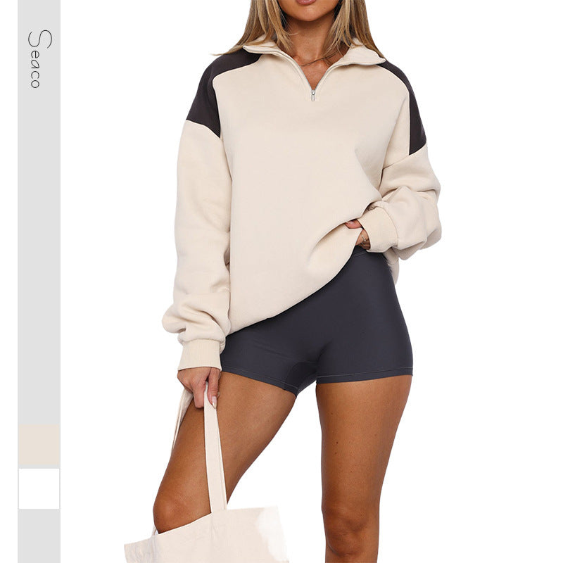 Women Oversize Sweatshirt with Half-Zip and Contrast Shoulder Mune Fashion