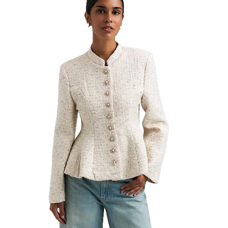 Women's Boucle Blazer with Stand Collar and Fitted Peplum Silhouette Mune Fashion