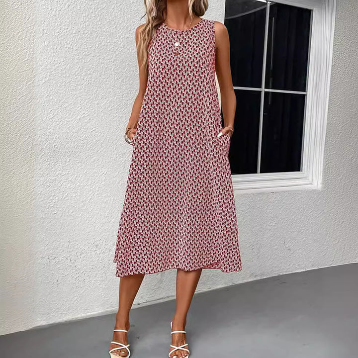 Women’s sleeveless A-line midi dress with round neckline, side leg slit, and fine geometry print Mune Fashion