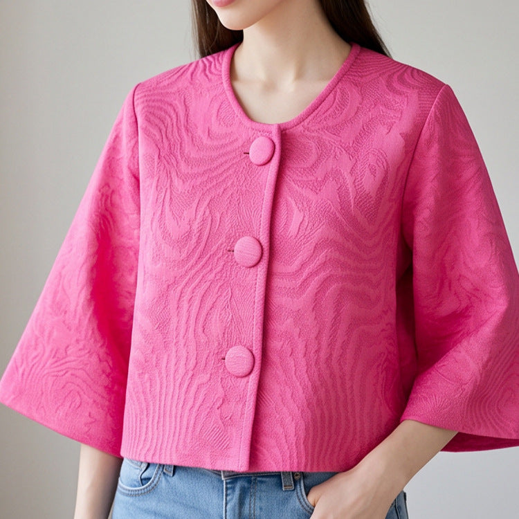 Women short-cut structured jacquard jacket with round neck & large fabric buttons Mune Fashion