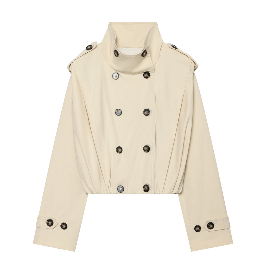Women Short-Cut Double-Breasted Trench with High Stand Collar and Elastic Waistband Mune Fashion