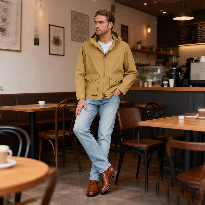 Men's Lightweight Hooded Jacket in Urban Minimal Style with Two-Way Zipper and Flap Pockets Mune Fashion