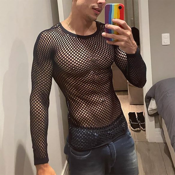 Unisex transparent diamond net long sleeve shirt with round neck Mune Fashion