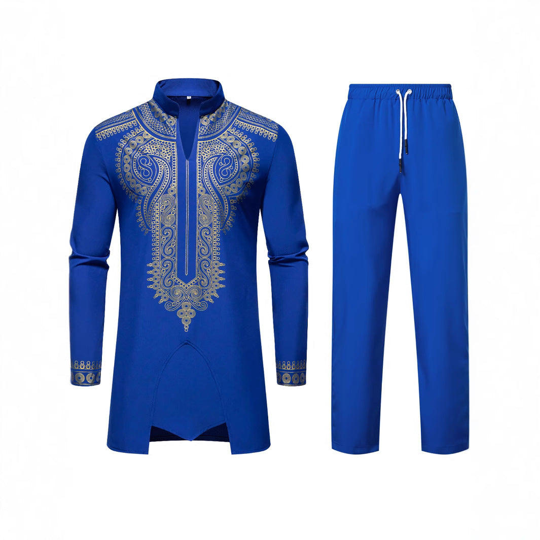 Men's Traditional Embroidered Tunic Set with Mandarin Collar and Elastic Pants Mune Fashion