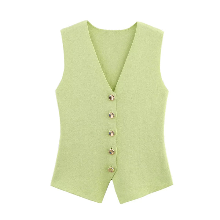 Women's fitted knitted vest with deep V-neck and decorative button placket Mune Fashion