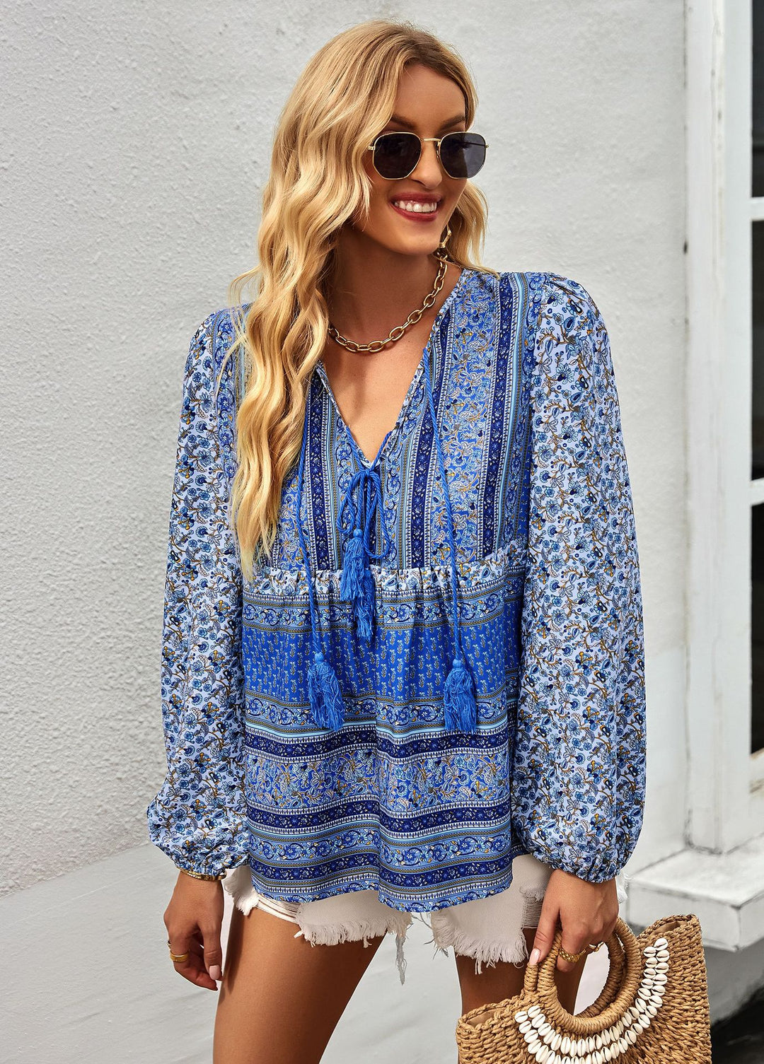 Women’s relaxed Boho tunic blouse with V-neck, tassel tie and gathered balloon sleeves Mune Fashion