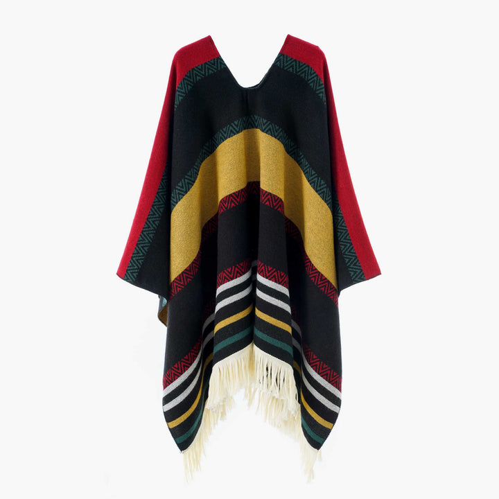 Women Oversize Poncho-Cape with V-neck and Fringe Hem Mune Fashion
